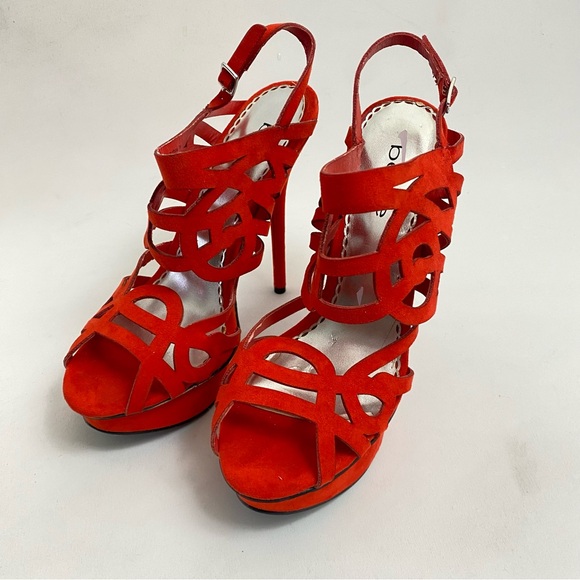 BEBE Red Platform Heeled Sandals Pumps 7 M Open Toe Ankle Strap Heels Stiletto - Picture 13 of 14